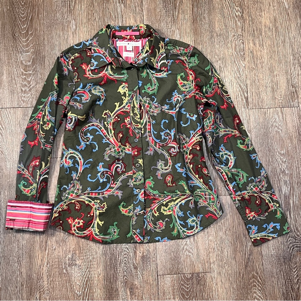 VTG Tommy Hilfiger Paisley Stretch Button Down Olive Multicolor Y2K | Size: M